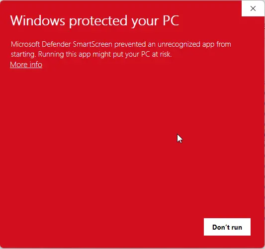 Example Microsoft Defender SmartScreen window displaying Windows protected your PC with a More info link.