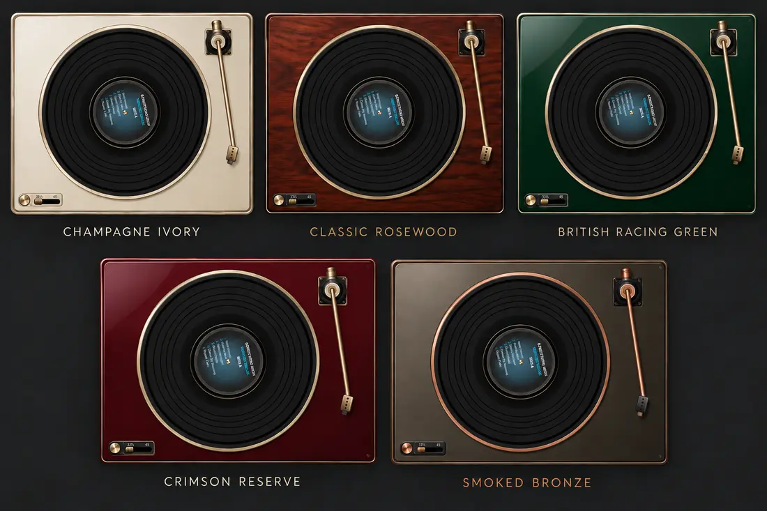 Champagne Ivory, Classic Rosewood, British Racing Green, Crimson Reserve, and Smoked Bronze turntable finishes